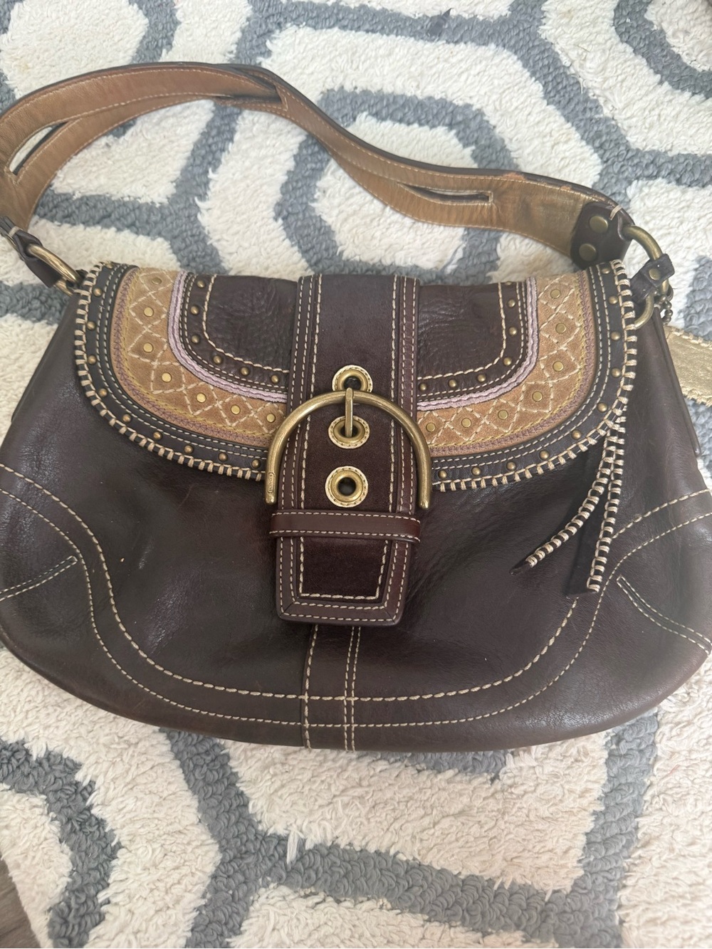 Vintage Coach SoHo Brown Leather Shoulder Bag with Tan Embroidered Flap